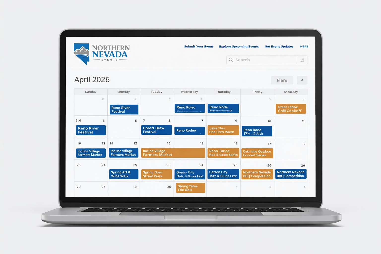Northern Nevada Events calendar shown on a laptop